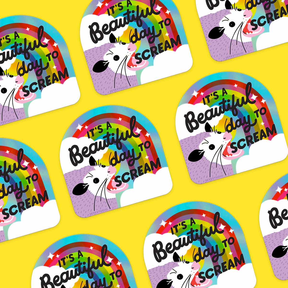 It's A Beautiful Day to Scream Opossum Holographic Vinyl Sticker